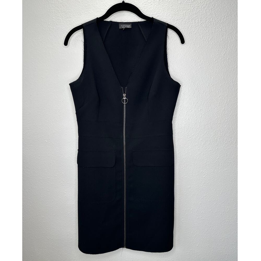 Topshop Black VNeck Front Zip Sleeveless Utility Pocket Dress 6